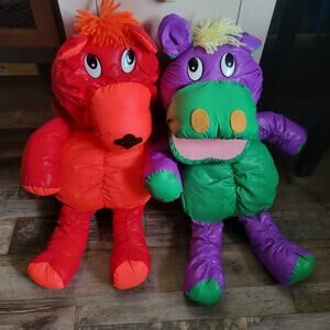 Vintage 90s Puppet Lot – Bear & Hippo Pair, 21" Oversized Hand Puppets, Nylon